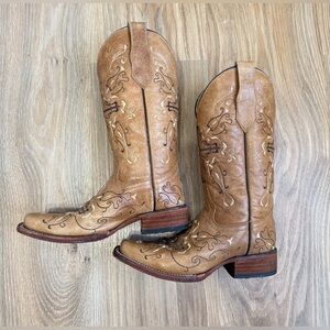 Circle G Tan Leather Cross Embroidered Western Cowboy Boots Size 6.5 M